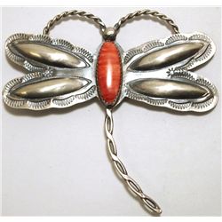 Navajo Spiny Oyster Sterling Silver Dragonfly Pin - Tim Yazzie