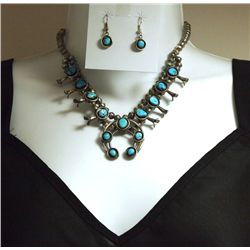 Navajo Turquoise Sterling Silver Squash Blossom Necklace & Earrings Set - Phil & Lenore Garcia
