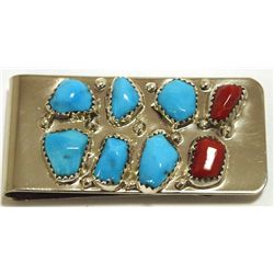 Zuni Coral & Turquoise Sterling Silver Money Clip - Curt Cheama
