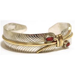 Navajo Coral & 12k Gold Fill over Sterling Silver Feather Cuff Bracelet - Virgil Reader