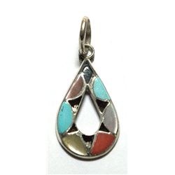 Zuni Multi-Stone Small Teardrop Sterling Silver Pendant - Emma Bowekaty