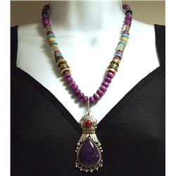 Navajo Spiny Oyster &  Multi-Stone Sterling Silver Necklace - Tommy Singer