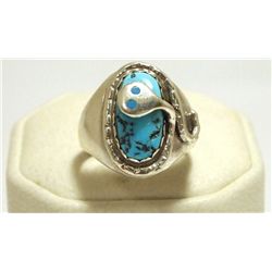 Zuni Turquoise Sterling Silver Snake Men's Ring - Effie Calavaza
