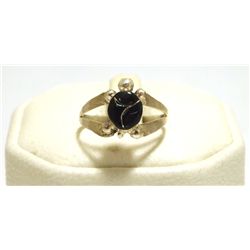Zuni Onyx Inlay Sterling Silver Small Turtle Women's Ring - Vernon Waikaniwa