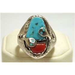 Zuni Coral & Turquoise Sterling Silver Snake Men's Ring - Effie Calavaza