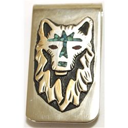 Navajo Turquoise Sterling Silver Wolf Head Money Clip - Richard Singer