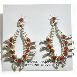Navajo Coral Sterling Silver Squash Blossom Post Earrings - Larry Curley