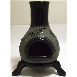 San Juan Pueblo Black Pottery Kiln/Oven Candleholder with Eagles & Turquoise - Marie Adelicia