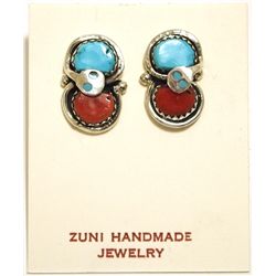 Zuni Coral & Turquoise Sterling Silver Snake Post Earrings - Effie Calavaza