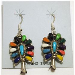 Navajo Multi-Stone Sterling Silver Squash Blossom French Hook Earrings - Lisa Williams