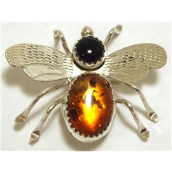 Navajo Onyx & Amber Sterling Silver Bug Pin - Juan Begay, Jr.