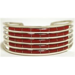 Zuni Coral Channel Inlay Sterling Silver Cuff Bracelet - Anselm Wallace