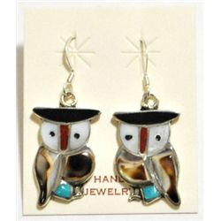 Zuni Shell & Turquoise Owl Sterling Silver French Hook Earrings - Pitkin Natewa