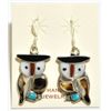 Image 1 : Zuni Shell & Turquoise Owl Sterling Silver French Hook Earrings - Pitkin Natewa