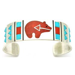 Zuni Multi-Stone Inlay Bear Sterling Silver Cuff Bracelet - Rudell & Nancy Laconsello