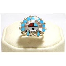 Zuni Multi-Stone Inlay Sun Face Sterling Silver Women's Ring - Emma Romancito