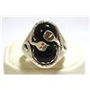 Image 1 : Zuni Onyx Sterling Silver Snake w/Coral Eyes Men's Ring - Effie Calavaza
