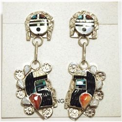 Zuni Multi-Stone Inlay Sun Face & Kachina Sterling Silver Post Earrings - Eldred Martinez