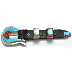 Zuni Coral & Turquoise Sterling Silver Ranger Buckle - Dickie Quandelacy