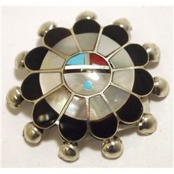 Zuni Multi-Stone Inlay Sun Face Sterling Silver Pendant & Pin - Pauline Lonjose