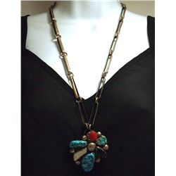 Vintage Old Pawn Navajo Multi-Stone Sterling Silver Necklace w/Heavy Chain