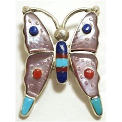 Zuni Multi-Stone Inlay Sterling Silver Butterfly Pendant - Pascal Natewa