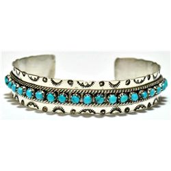 Zuni Turquoise Dotted Sterling Silver Cuff Bracelet - P. Ukestine
