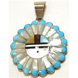 Zuni Multi-Stone Inlay Sun Face Sterling Silver Pendant - Verdel & Esther Niiha