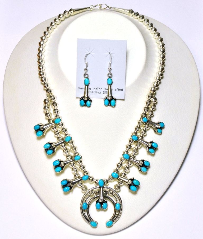 Navajo Turquoise Squash Blossom Necklace & Earrings Set Phil & Lenore