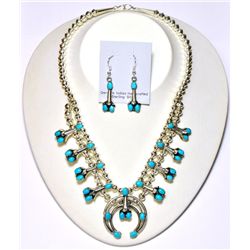 Navajo Turquoise Squash Blossom Necklace & Earrings Set - Phil & Lenore Garcia