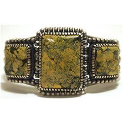 Old Pawn Navajo Yellow Spider Web Kingman Turquoise Sterling Silver Cuff Bracelet - Kirk Smith