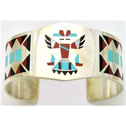 Zuni Multi-Stone Inlay Knifewing Kachina Sterling Silver Cuff Bracelet - Fred & Lolita Natachu
