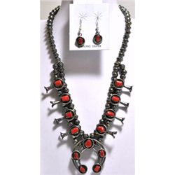 Navajo Coral Sterling Silver Squash Blossom Necklace & Earrings Set - Phil & Lenore Garcia
