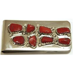 Zuni Coral Sterling Silver Money Clip - Curt Cheama