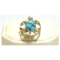 Zuni Turquoise Inlay Sterling Silver Large Turtle Women's Ring - Vernon Waikaniwa