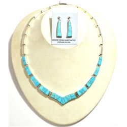 Navajo Turquoise Inlay Sterling Silver Link Necklace & Post Earrings Set - Calvin Begay