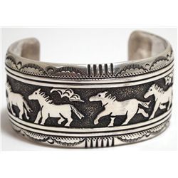 Navajo Sterling Silver Horses Cuff Bracelet - Tommy Singer