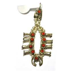Navajo Coral Sterling Silver Squash Blossom Pendant - Larry Curley