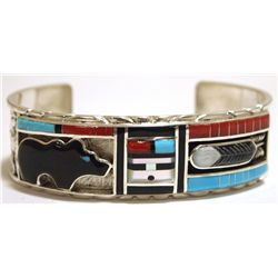 Zuni Multi-Stone Inlay Bear Sunface & Feather Sterling Silver Cuff Bracelet - Don Dewa