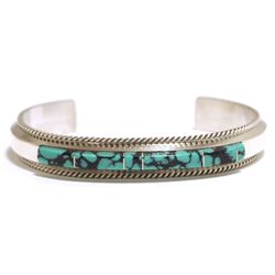 Navajo Spider Web Kingman Turquoise Sterling Silver Cuff Bracelet - Fran Yazzie
