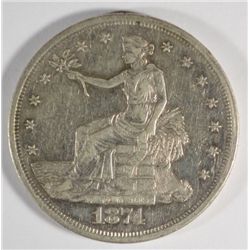1874-S TRADE DOLLAR AU. LOOKS LIKE IT HAS SOME OLD CLEANING.