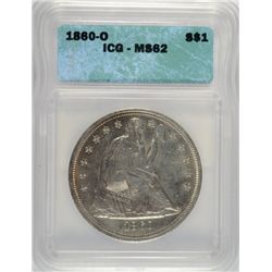 1860-O SEATED DOLLAR ICG MS62, SEMI PL, VERY NICE TYPE COIN!