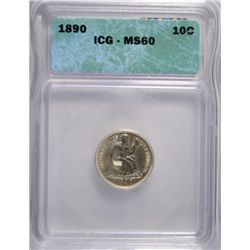 1890 SEATED LIBERTY DIME ICG MS-60. NICE WHITE COIN