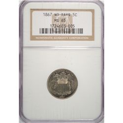 1867 Shield Nickel No Rays NGC NS65