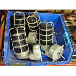 Blue plastic storage bin of 4 marine lights
