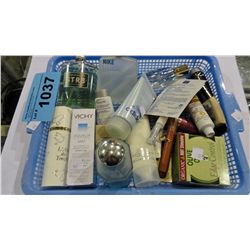 Blue basket of assorted creams, lotions, etc