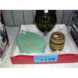 Lidded art glass candy dish, wooden storage box