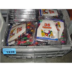 Grey storage tote filled with assorted crayon