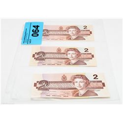 3 1986 royal canadian mint 2 dollar bank notes