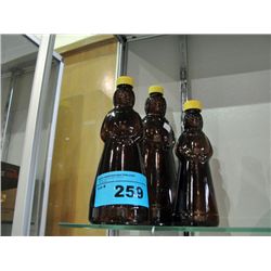 3 vintage brown glass aunt jemima syrup containers